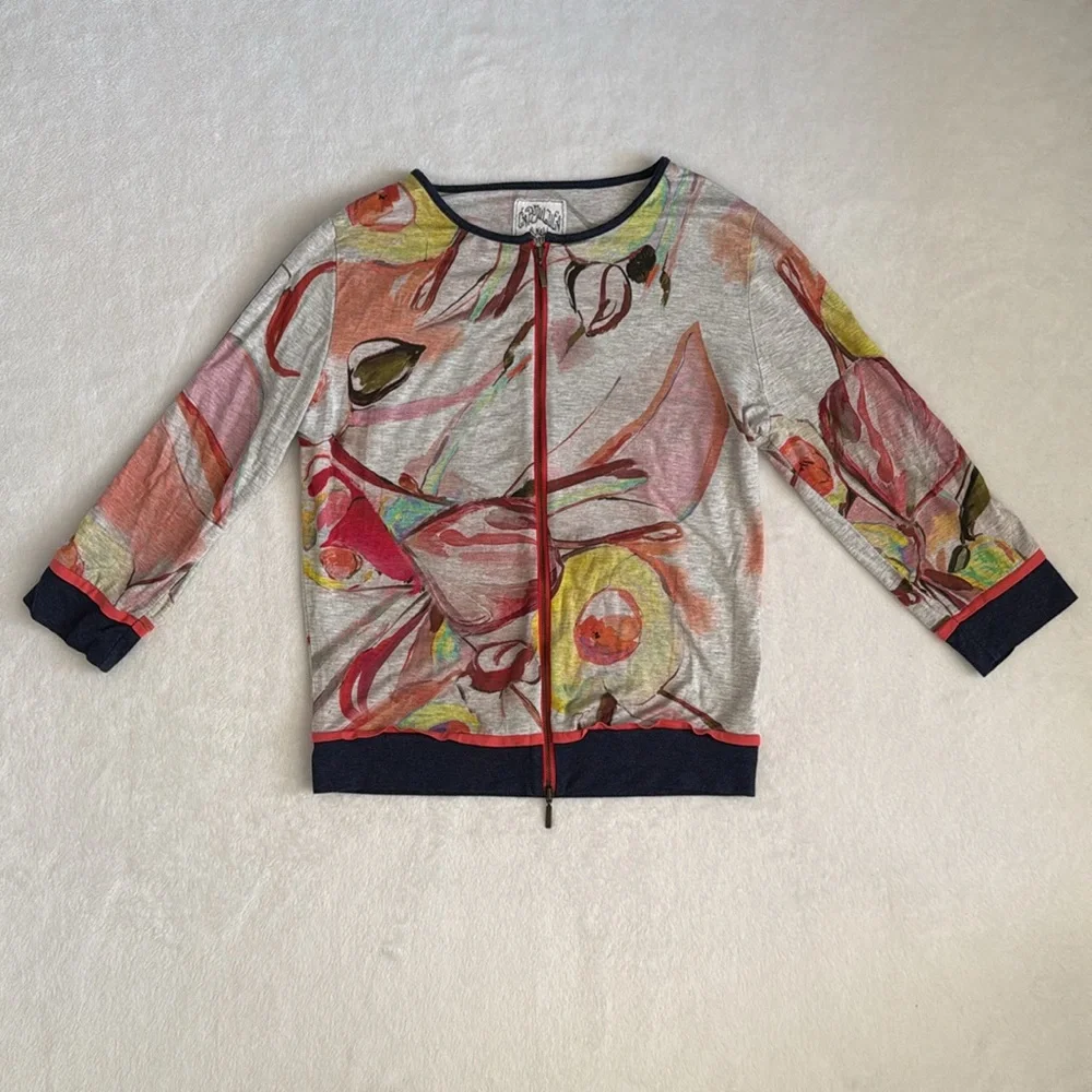 {Anthro} Cap Juluca by Aldo Martins | A New Story Zip Up 3/4 Sleeve Abstract Top - Picture 2 of 15